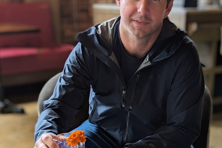 a man in a blue shirt