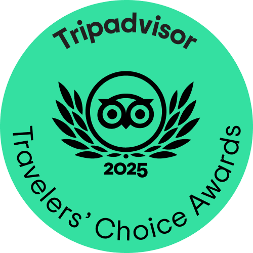 Tripadvisor 2025 Travelers' Choice Awards logo with laurel wreath and owl symbol.